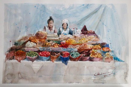 Cuadro a la acuarela de La Galeria de Alicia Prado en el que se ven dos vendedoras con iun colorido puesto de dulces