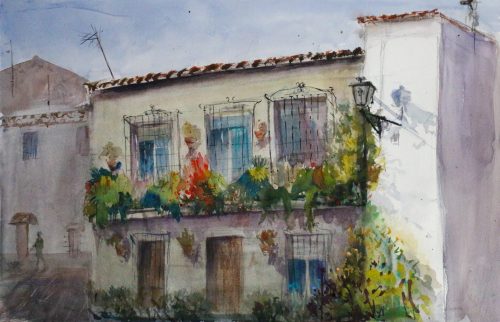 Cuadro a la acuarela de La Galeria de Alicia Prado en el que se ve una fachada de una casa conmacetas en Benagalbón