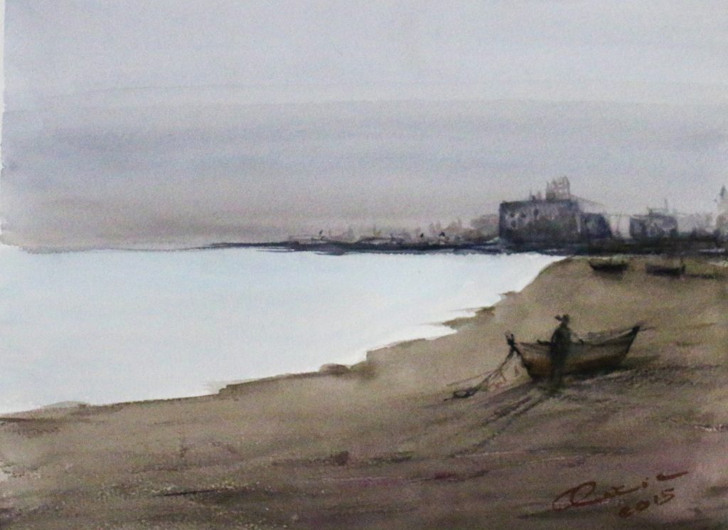 Pescador en Huelin, cuadro de Alicia Prado