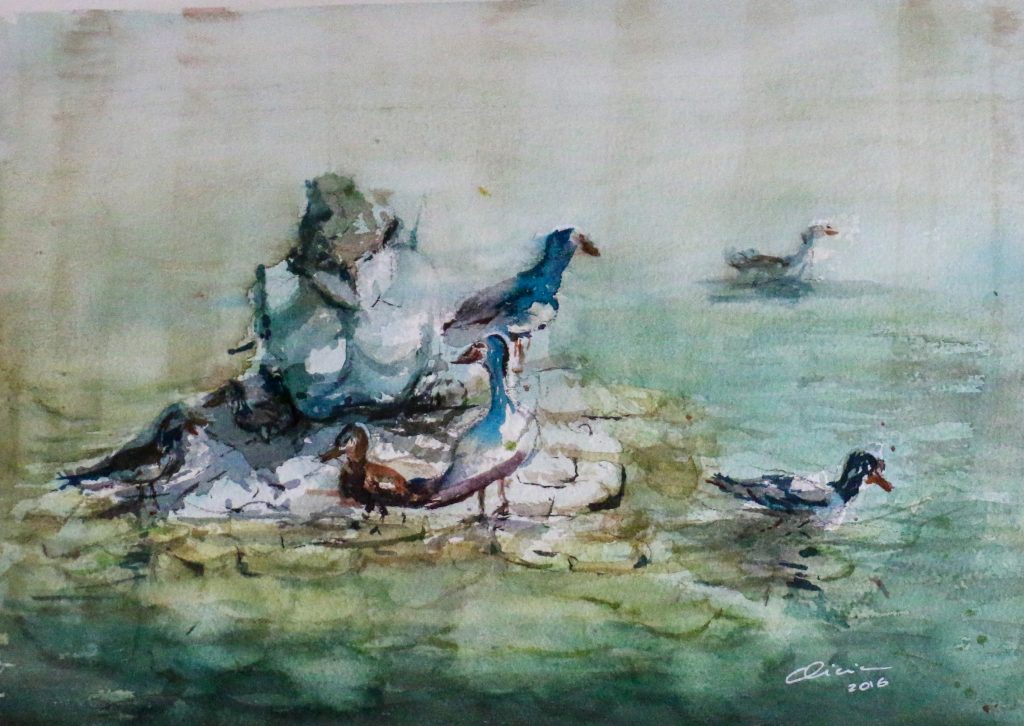Patos en el parque, cuadro de Alicia Prado