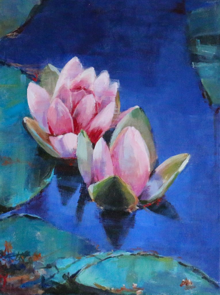 Nenúfares sobre azul, cuadro de Alicia Prado