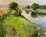 Cuadro a la acuarela de la Galería de Alicia Prado en el que se ve un paisaje de un prado y un río