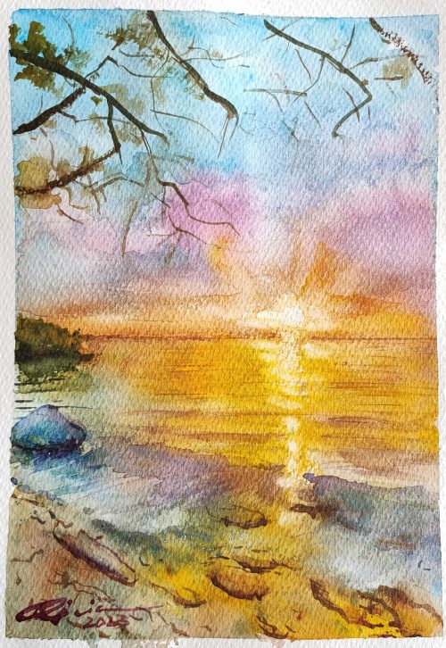 Una pintura al acuarela original de la artista Alicia Prado que representa un hermoso atardecer sobre el océano