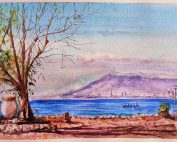 Pintura acuarela de un paisaje de Málaga desde el Balneario. Se ve el mar Mediterráneo, la playa, la ciudad y el monte Gibralfaro.