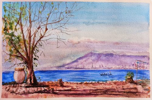 Pintura acuarela de un paisaje de Málaga desde el Balneario. Se ve el mar Mediterráneo, la playa, la ciudad y el monte Gibralfaro.
