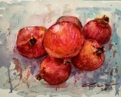 Esta pintura al acuarela captura la belleza de las granadas. Los colores vibrantes y las texturas realistas crean una sensación de frescura y vitalidad. Las granadas están representadas en su máximo esplendor, con sus tonos rojos y verdes intensos. La composición dinámica y las pinceladas expresivas transmiten energía y alegría. Esta obra es perfecta para aquellos que buscan algo especial para darle vida a su hogar u oficina