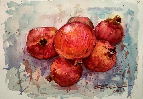 Esta pintura al acuarela captura la belleza de las granadas. Los colores vibrantes y las texturas realistas crean una sensación de frescura y vitalidad. Las granadas están representadas en su máximo esplendor, con sus tonos rojos y verdes intensos. La composición dinámica y las pinceladas expresivas transmiten energía y alegría. Esta obra es perfecta para aquellos que buscan algo especial para darle vida a su hogar u oficina