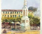 Esta acuarela representa una vista detallada del Monumento al General Torrijos en la Plaza de la Merced de Málaga. El obelisco se alza en el centro de la composición, rodeado por palmeras y edificios históricos. La obra transmite una sensación de solemnidad y homenaje a la memoria del héroe liberal.