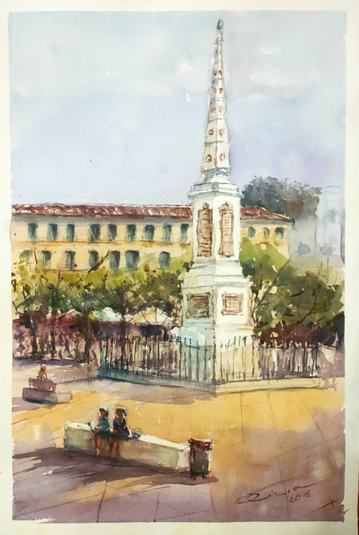 Esta acuarela representa una vista detallada del Monumento al General Torrijos en la Plaza de la Merced de Málaga. El obelisco se alza en el centro de la composición, rodeado por palmeras y edificios históricos. La obra transmite una sensación de solemnidad y homenaje a la memoria del héroe liberal.