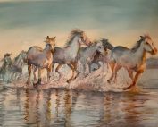 Acuarela de Alicia Prado: La Manada - Caballos al atardecer