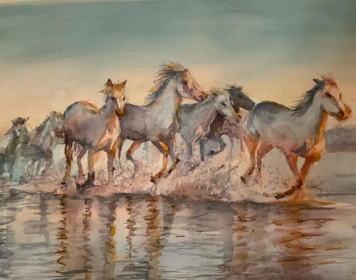 Acuarela de Alicia Prado: La Manada - Caballos al atardecer