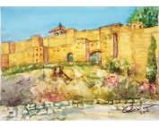 Alcazaba de Málaga en acuarela por Alicia Prado. Detalle de la fortaleza con sus murallas, torres y jardines.