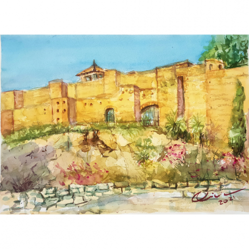 Alcazaba de Málaga en acuarela por Alicia Prado. Detalle de la fortaleza con sus murallas, torres y jardines.