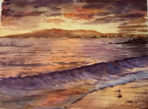 Atardecer en la Caleta, acuarela original de Alicia Prado