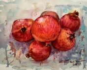 Esta pintura al acuarela captura la belleza de las granadas. Los colores vibrantes y las texturas realistas crean una sensación de frescura y vitalidad. Las granadas están representadas en su máximo esplendor, con sus tonos rojos y verdes intensos. La composición dinámica y las pinceladas expresivas transmiten energía y alegría. Esta obra es perfecta para aquellos que buscan algo especial para darle vida a su hogar u oficina