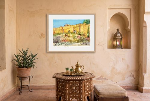 «Alcazaba de Málaga», cuadro original de Alicia Prado, colgado en tetería de inspiración nazarí en el centro de Málaga