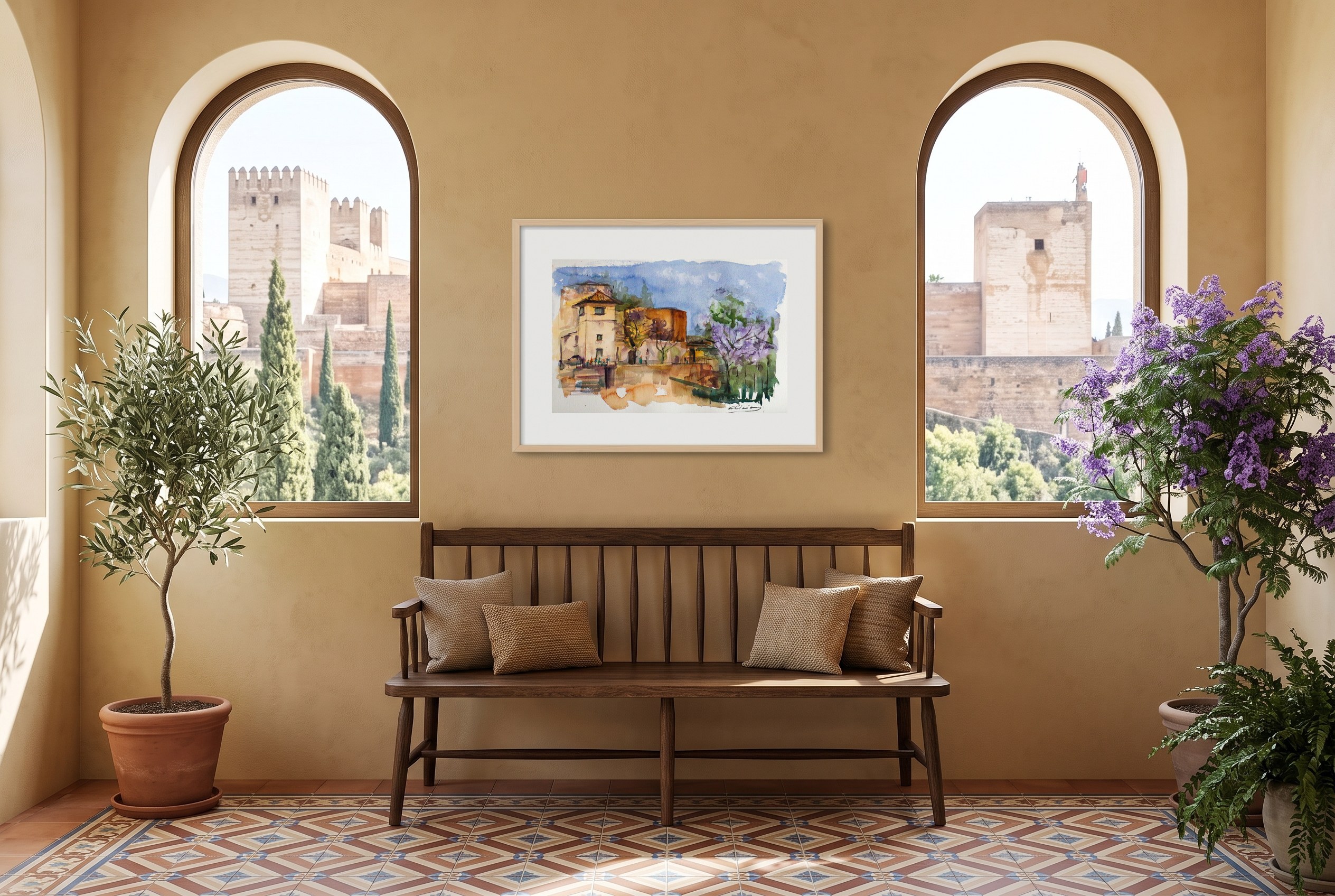«Alcazaba malagueña», cuadro original de Alicia Prado, colgado en mirador en una casa palaciega de Málaga