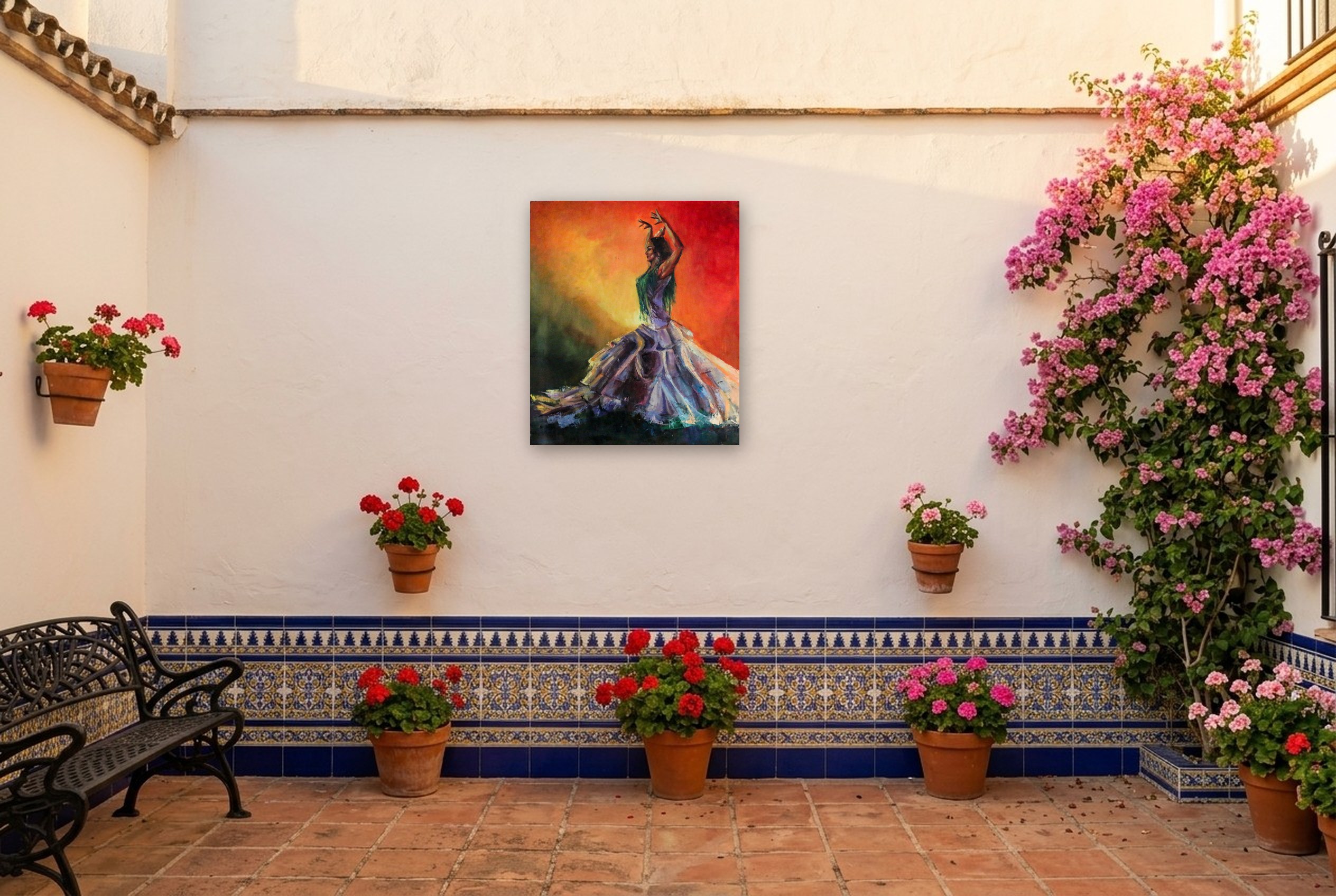 «Bailaora en rojo», cuadro original de Alicia Prado, colgado en un patio andaluz en Málaga