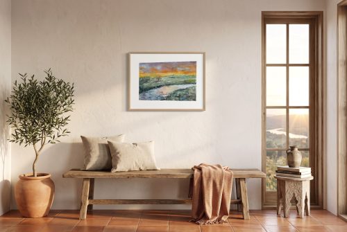 «Arroyo», cuadro original de Alicia Prado, colgado en solárium de un refugio rural en el interior de Málaga