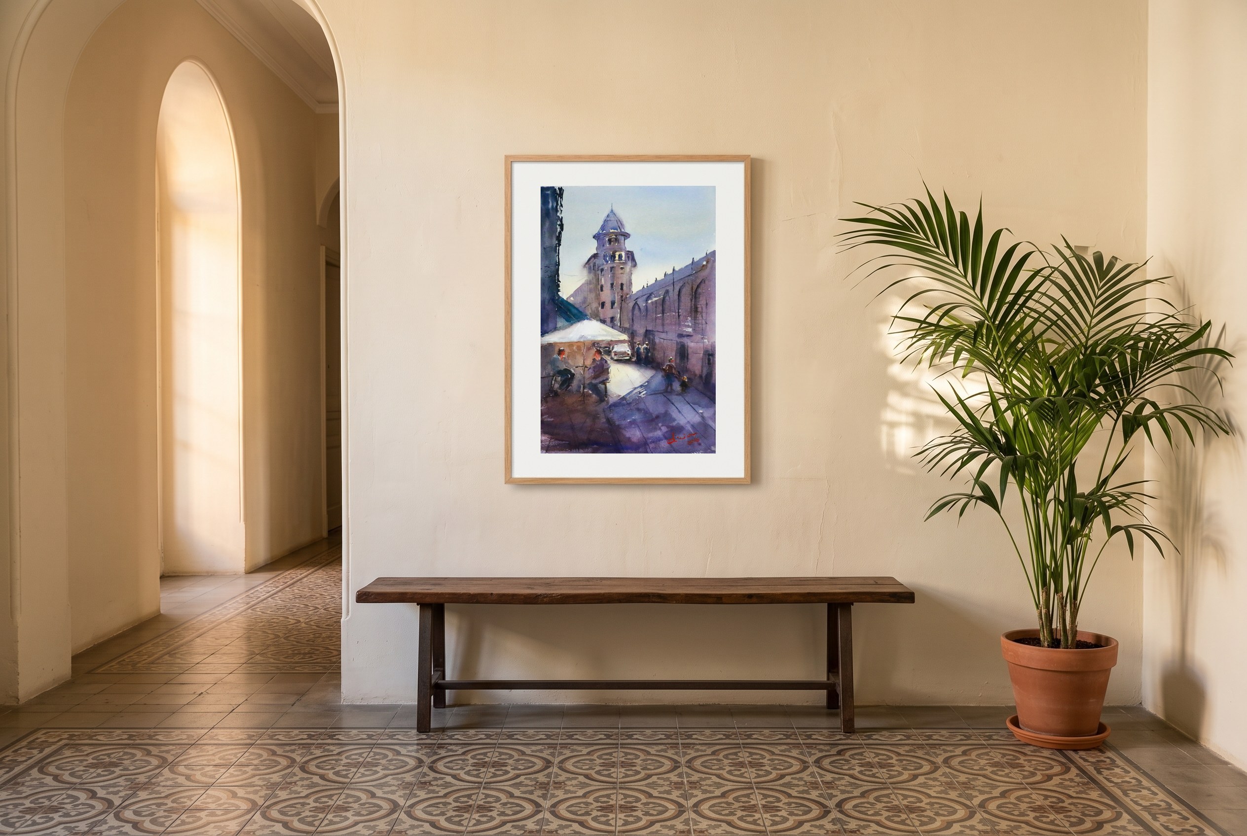 «Atarazanas», cuadro original de Alicia Prado, colgado en pasillo de una casa señorial junto al Mercado de Atarazanas