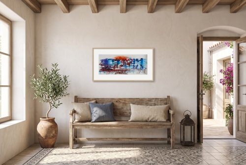 «Atardece que no es poco», cuadro original de Alicia Prado, colgado en recibidor de un piso en el centro histórico de Málaga