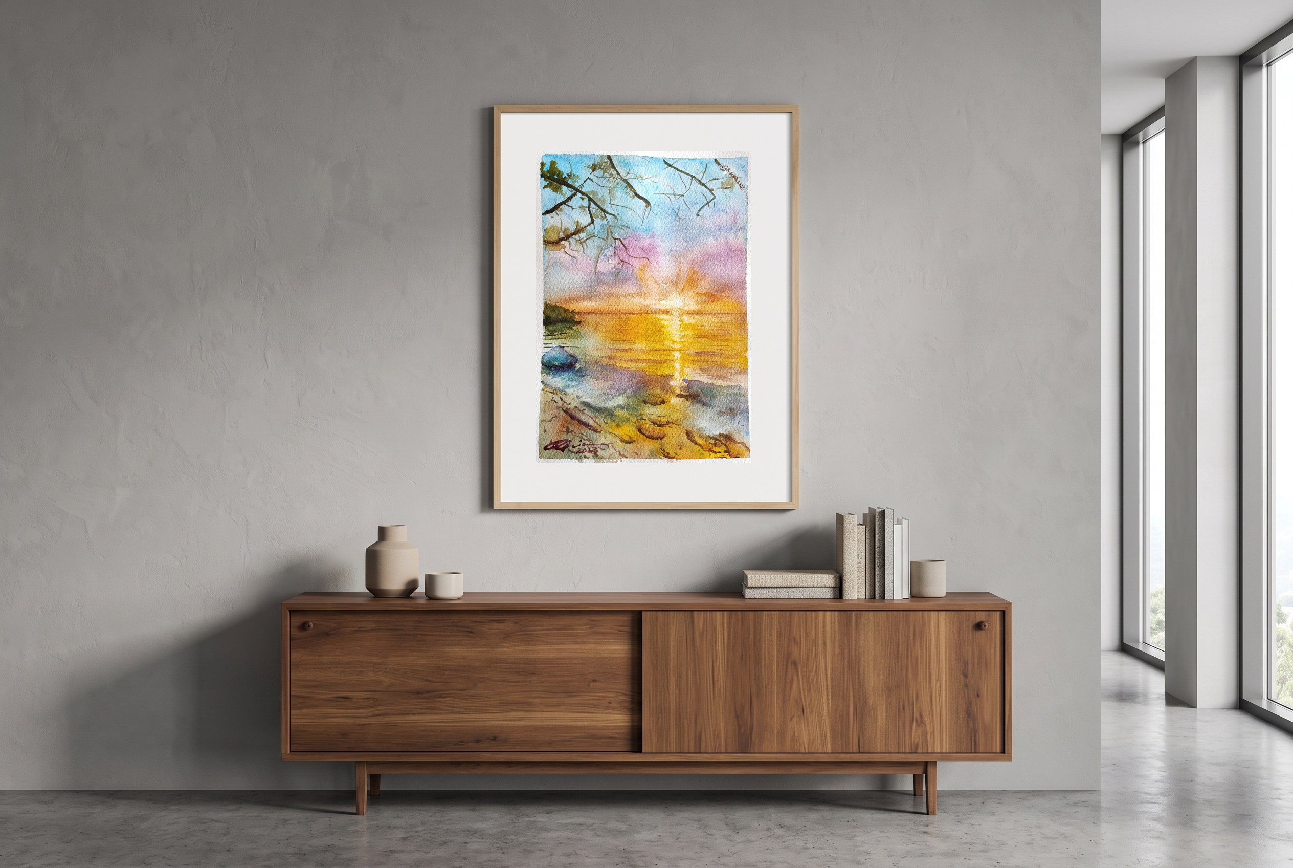 «Atardecer colorido sobre el océano», cuadro original de Alicia Prado, colgado en ático moderno en Málaga