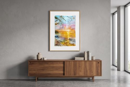 «Atardecer colorido sobre el océano», cuadro original de Alicia Prado, colgado en ático moderno en Málaga