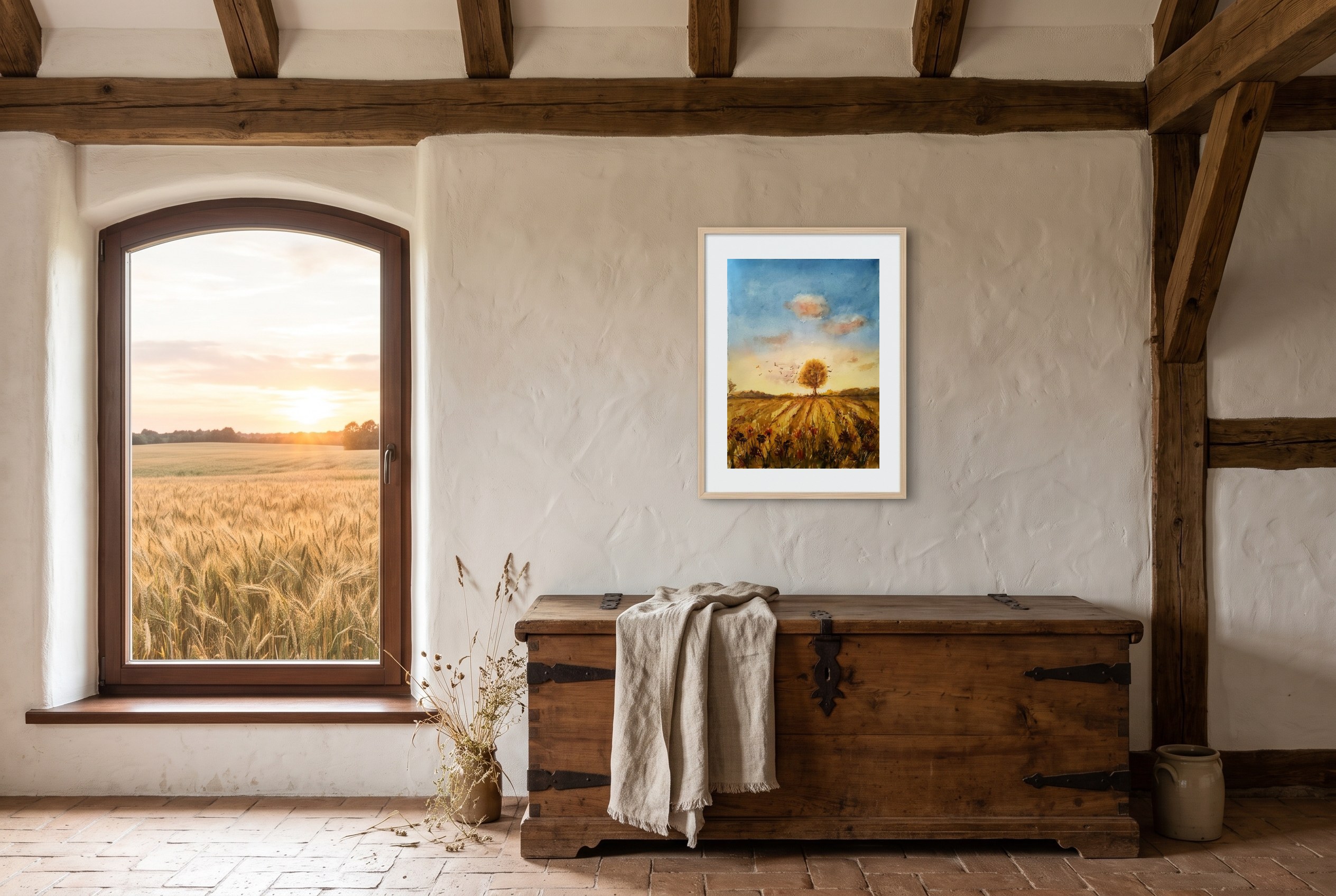 «Atardecer en el campo», cuadro original de Alicia Prado, colgado en salón rústico en una antigua finca cerealista