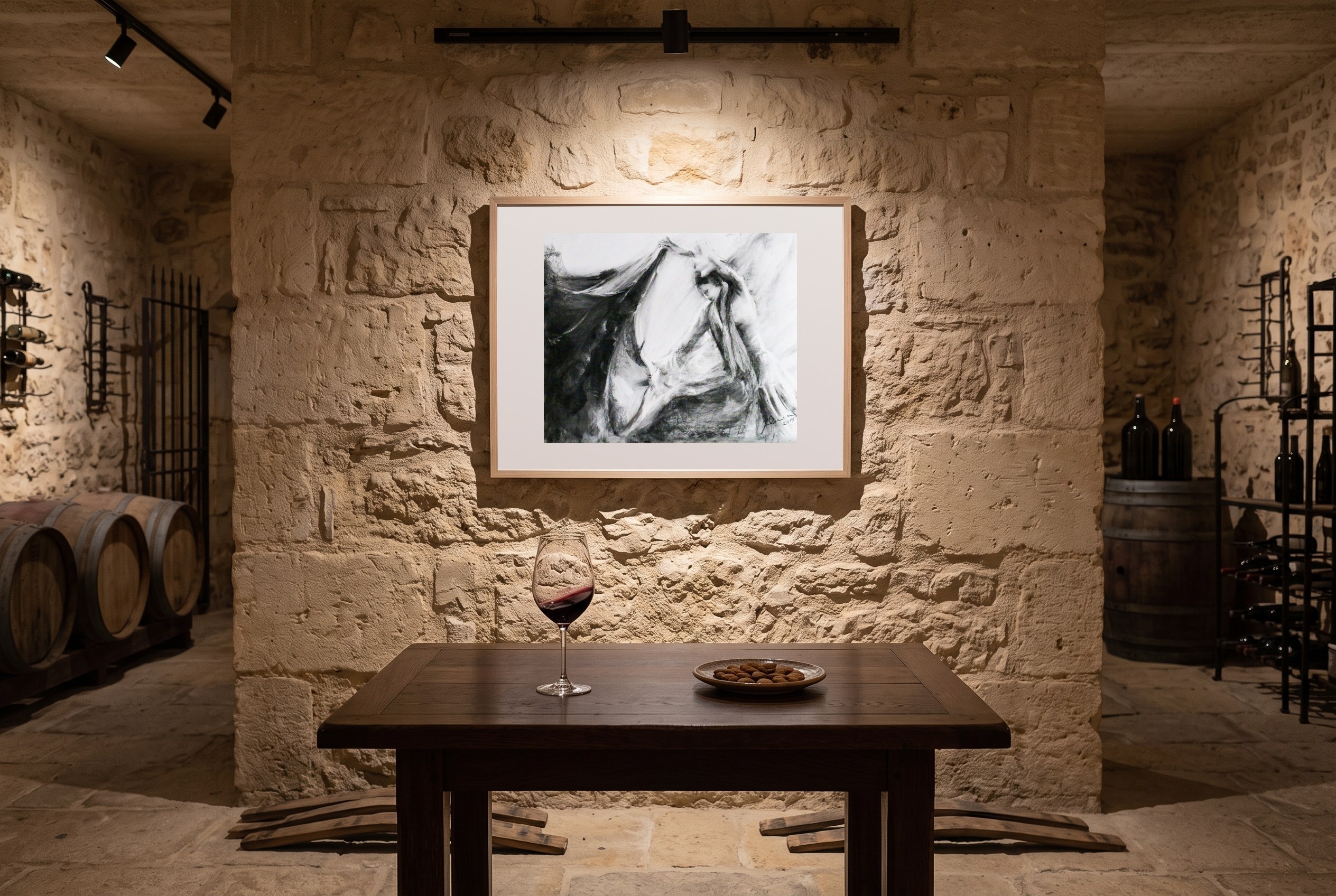 «Bailaora en carboncillo», cuadro original de Alicia Prado, colgado en bodega tradicional en una finca de Jerez