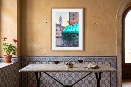«Bajo el Toldo», cuadro original de Alicia Prado, colgado en taberna histórica en el centro de Málaga