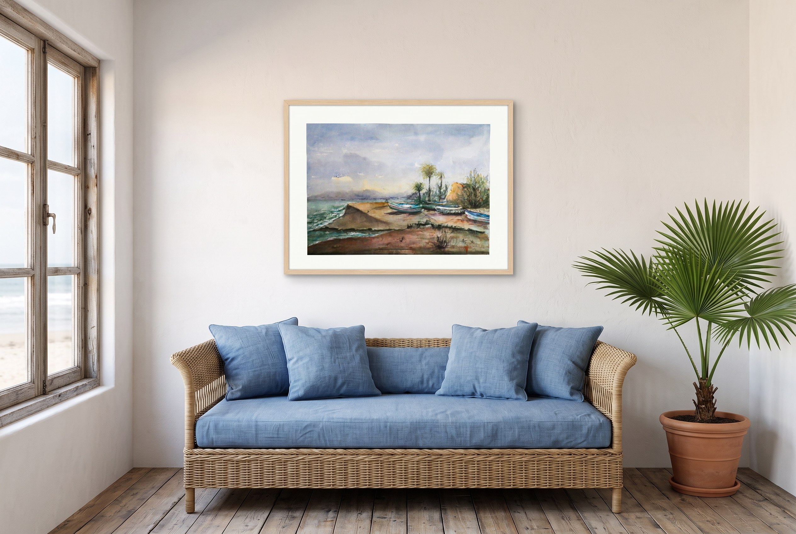 «Barcas en Rincón», cuadro original de Alicia Prado, colgado en galería de verano en una casa de pescadores rehabilitada