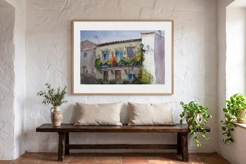 «Benagalbón», cuadro original de Alicia Prado, colgado en comedor rústico en una casa de Benagalbón
