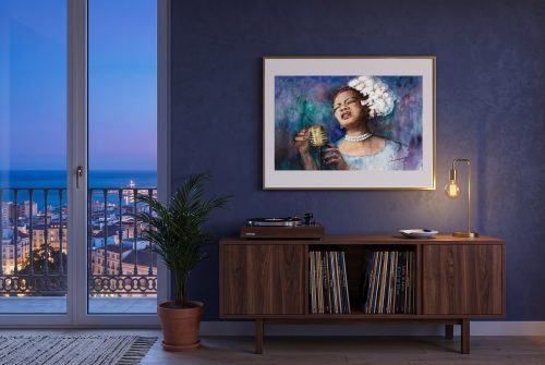 «Billie Holiday», cuadro original de Alicia Prado, colgado en rincón de música en un ático de Málaga