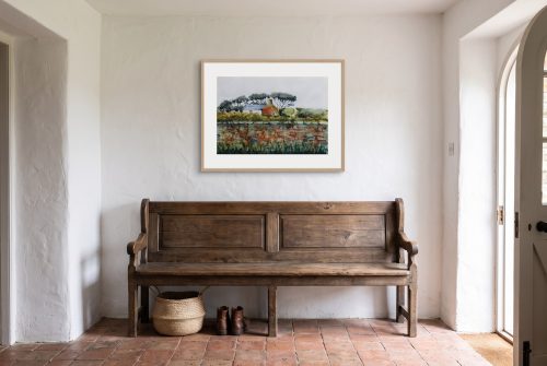 «Casita entre pinos», cuadro original de Alicia Prado, colgado en recibidor de un refugio en los Montes de Málaga