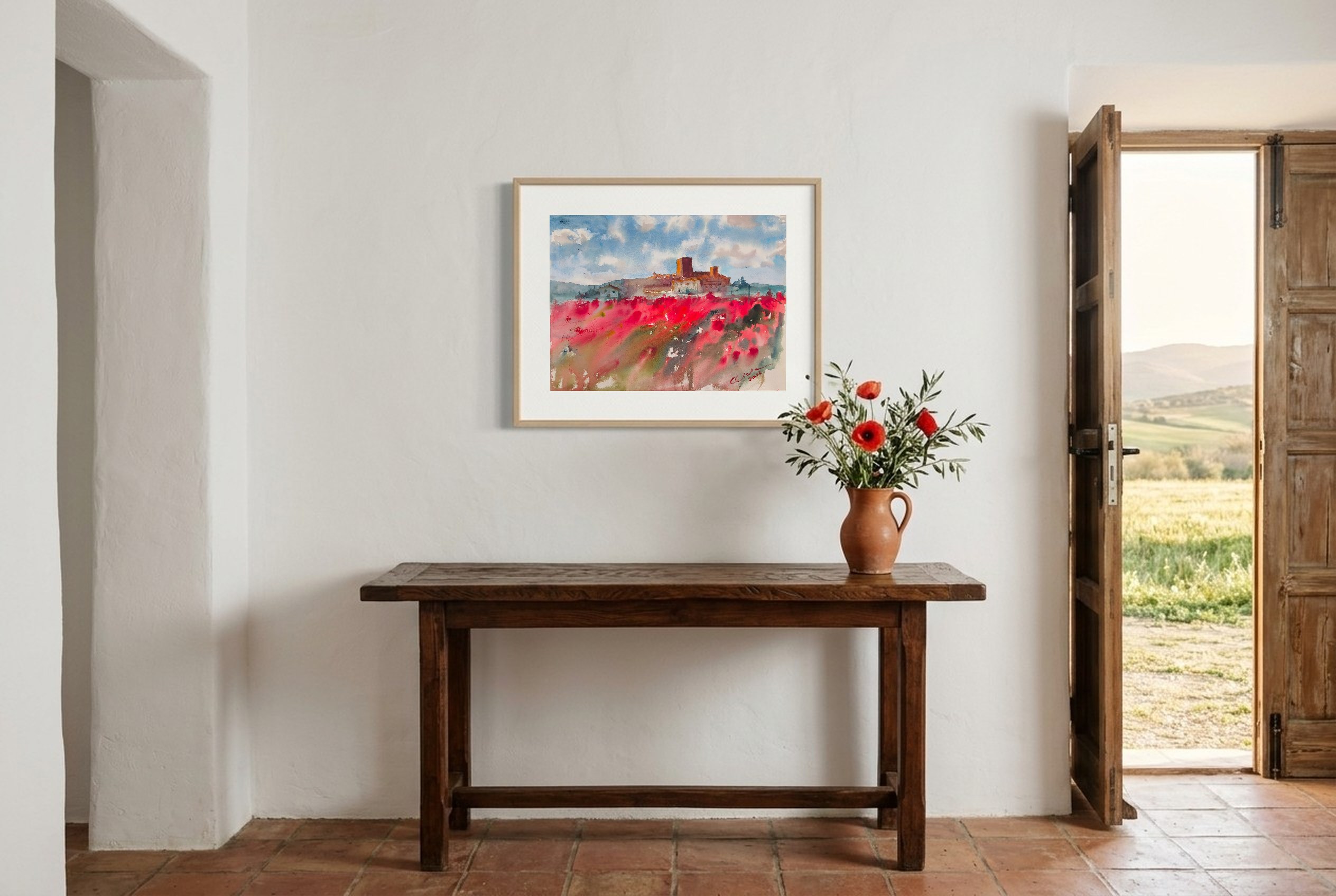 «Castillo de Vélez-Málaga», cuadro original de Alicia Prado, colgado en recibidor de una casa de campo en la Axarquía