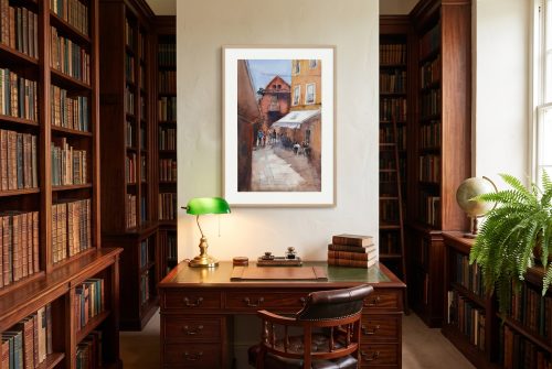 «Chinitas», cuadro original de Alicia Prado, colgado en biblioteca privada en una casa señorial malagueña