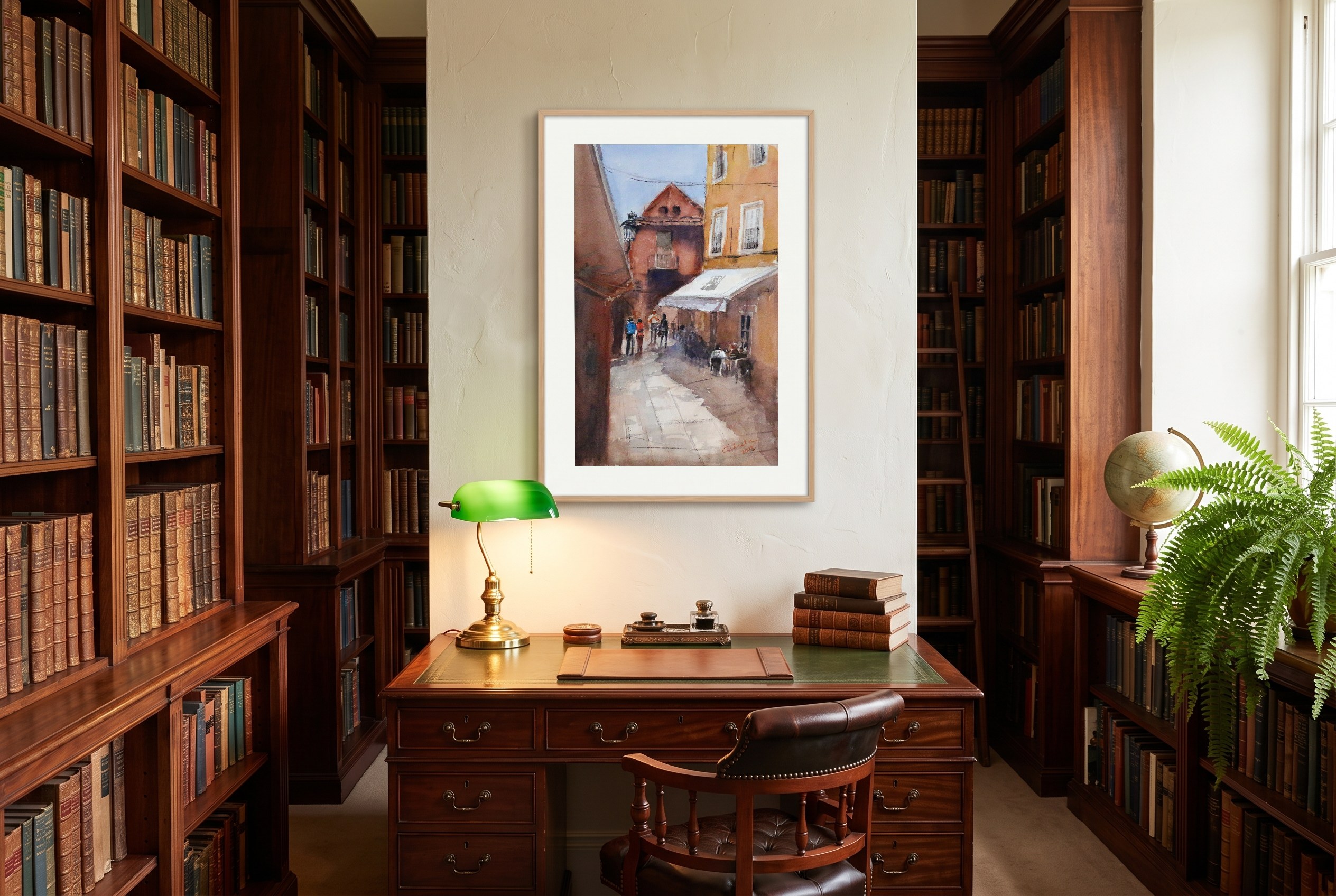 «Chinitas», cuadro original de Alicia Prado, colgado en biblioteca privada en una casa señorial malagueña