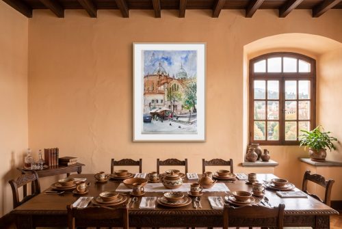 «Cuenca, Ecuador», cuadro original de Alicia Prado, colgado en comedor de invitados en una casa señorial del Barranco