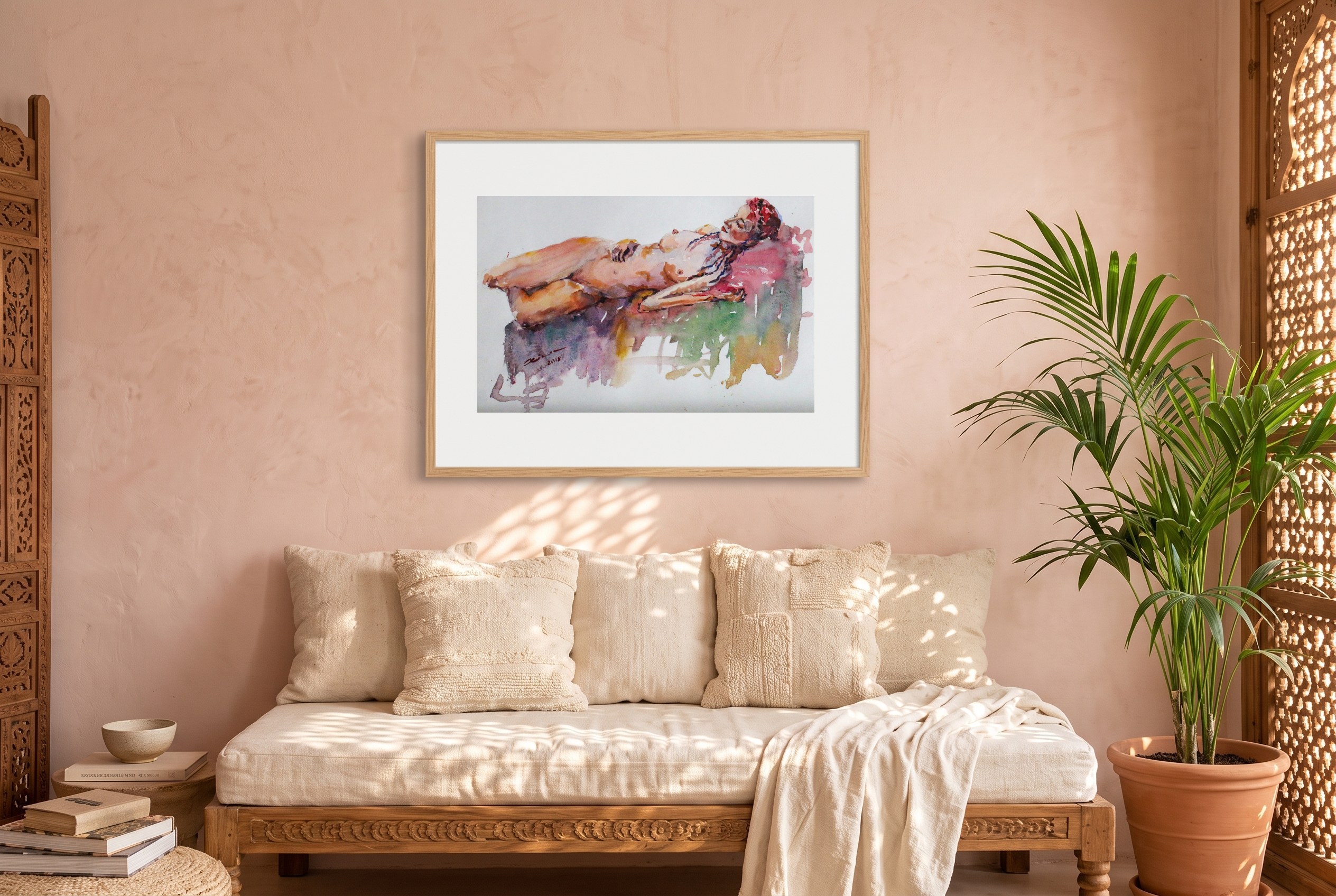 «Figura femenina del natural II», cuadro original de Alicia Prado, colgado en sala de relajación en un spa boutique de aire mudéjar