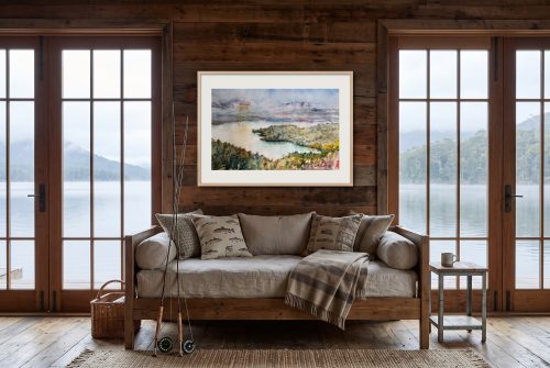 «Embalse de Castellar», cuadro original de Alicia Prado, colgado en embarcadero privado a orillas de un embalse