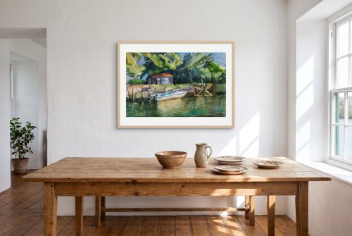 «Embarcadero», cuadro original de Alicia Prado, colgado en comedor de una casa de verano en el Delta del Ebro