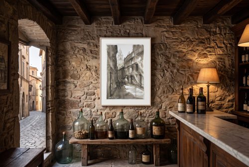 «En las calles de Málaga», cuadro original de Alicia Prado, colgado en antigua taberna de vinos en Málaga