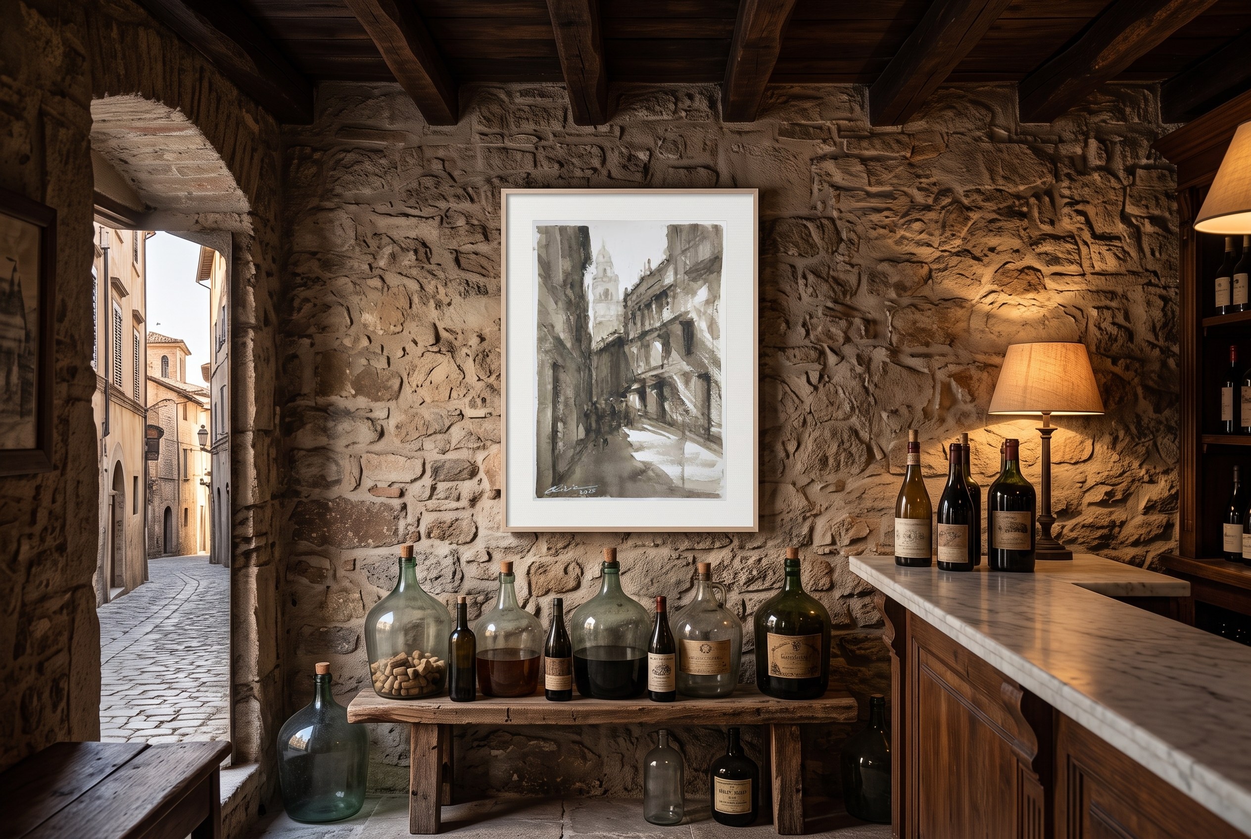 «En las calles de Málaga», cuadro original de Alicia Prado, colgado en antigua taberna de vinos en Málaga