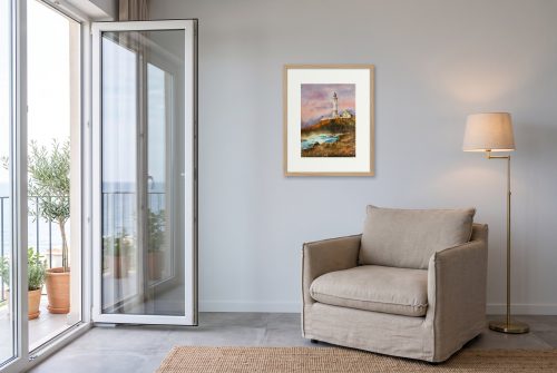 «Faro», cuadro original de Alicia Prado, colgado en rincón de lectura en un apartamento de La Malagueta