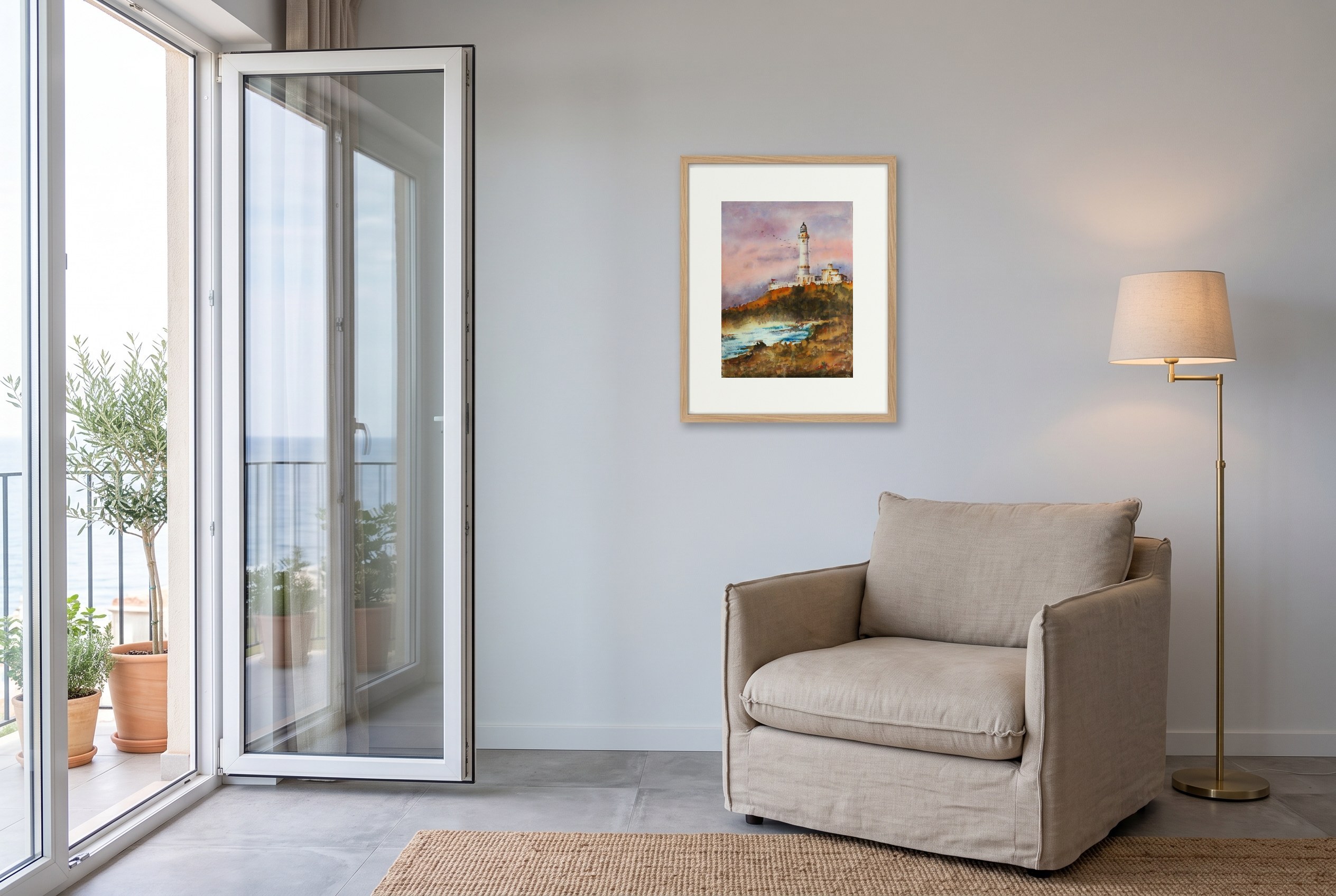 «Faro», cuadro original de Alicia Prado, colgado en rincón de lectura en un apartamento de La Malagueta