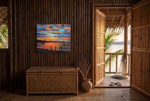 «Filipinas», cuadro original de Alicia Prado, colgado en cabaña de lujo frente al mar en El Nido