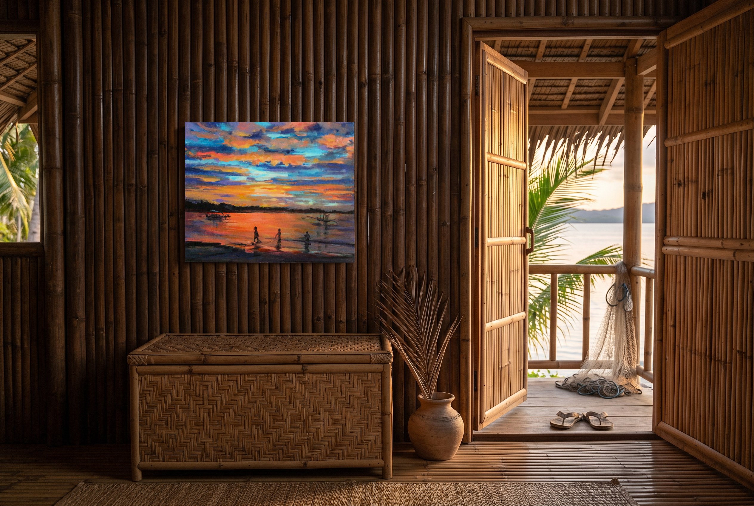 «Filipinas», cuadro original de Alicia Prado, colgado en cabaña de lujo frente al mar en El Nido