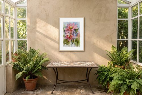 «Flores rosas», cuadro original de Alicia Prado, colgado en jardín de invierno en un palacete decimonónico