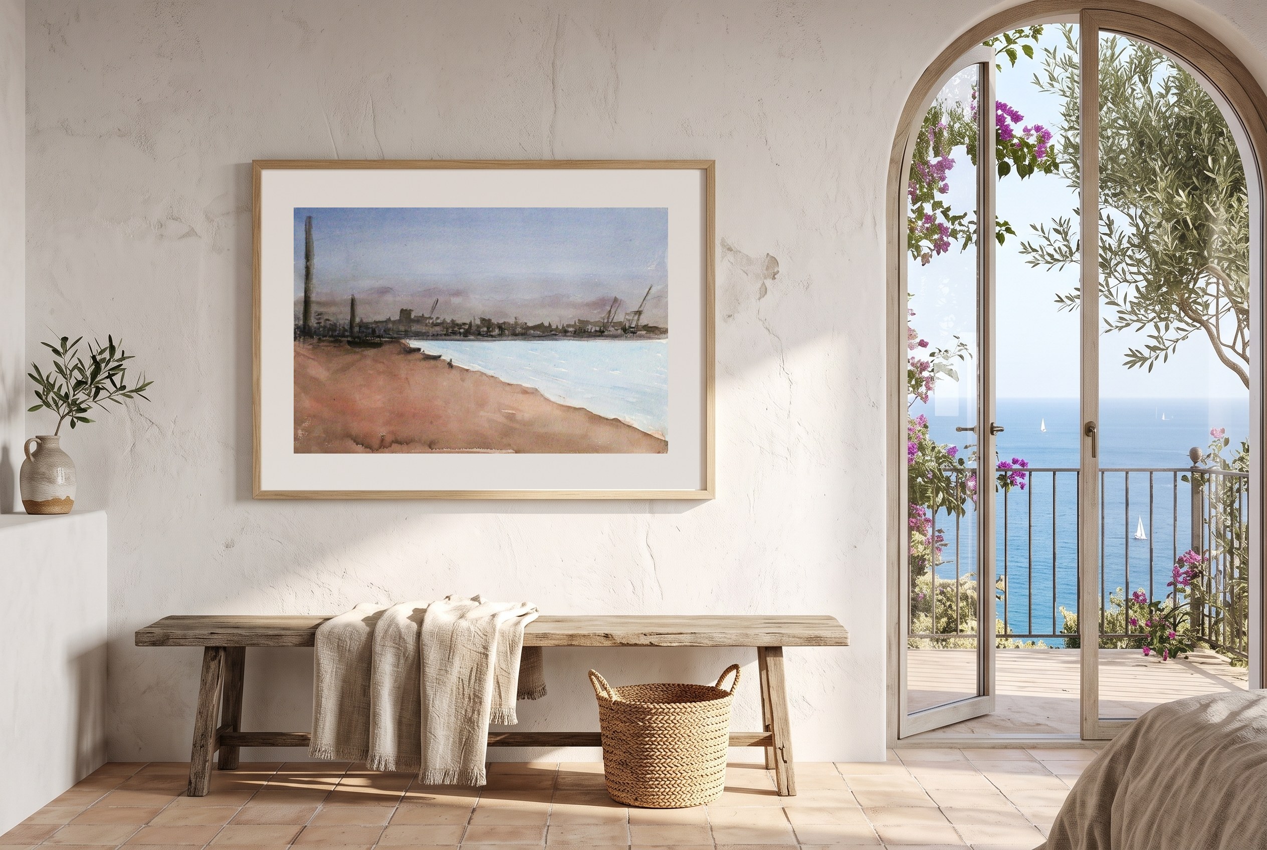 «Huelin playa», cuadro original de Alicia Prado, colgado en dormitorio de invitados frente a la costa de Málaga