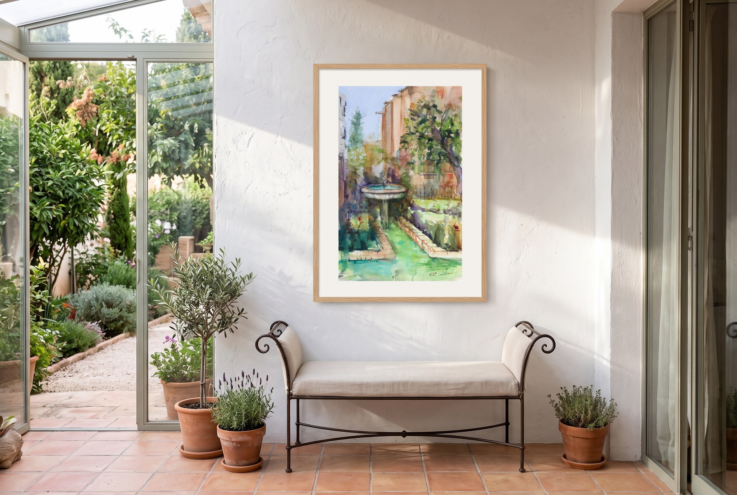 «Jardín de los naranjos», cuadro original de Alicia Prado, colgado en jardín de invierno acristalado en una villa de Málaga
